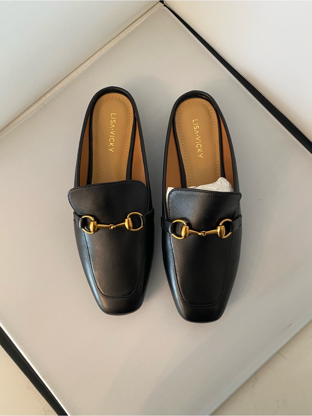 Lisavicky Black Sheep Nappa Leather Mule with Gold Bit, NWT, women’s size 7 1/2